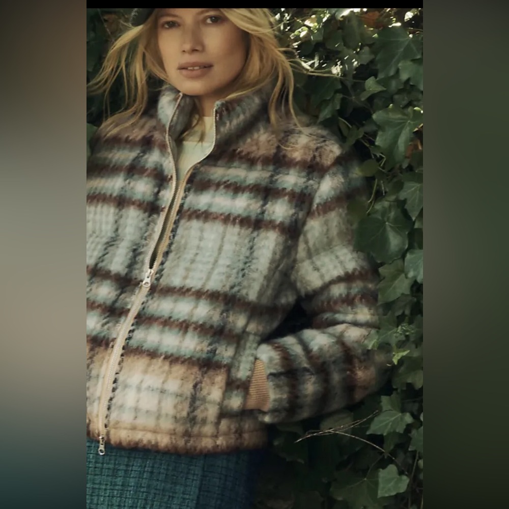 Anthropologie Anthropologie Plaid Jacket Fuzzy Side Pockets Green Rust TanIvory